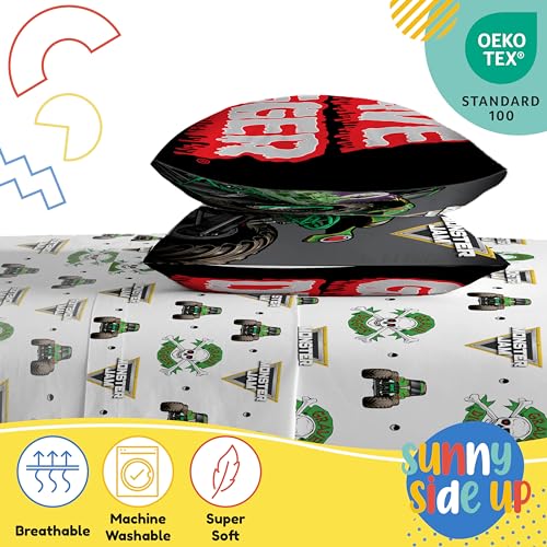 Sunny Side Up Monster Jam Grave Digger Full Sheet Set - 4 Piece Kids Bedding Set Includes Pillow Cover - Super Soft Microfiber Sheets - color: White - Monster Jam, size: 4 Piece Full