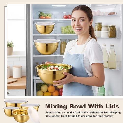 LemonRoad 8 Pcs Gold Kitchen Accessories Stainless Steel Gold Mixing Bowls