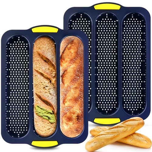 2 Pcs Silicone Baguette Bread Pan, 3-Cavity Hot Dog Bun Pan - style: 3-Cavity Baguette Bread Pan