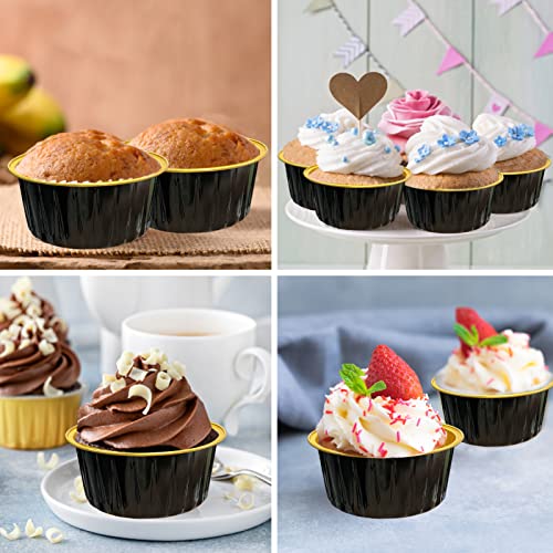 100Pcs Aluminum Cups with Lids,5oz Disposable Ramekin Baking Cups Muffin Liners Mini Pie Pans Foil Cupcake Containers for Christmas Party Wedding,Black Gold - color: Black/Gold