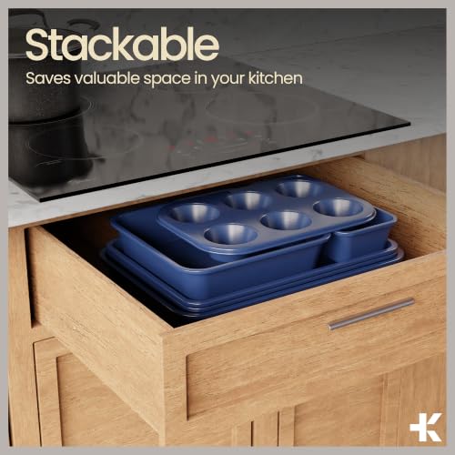 BAKKEN Nonstick Carbon Steel Bakeware Set - 6 Piece Kitchen Baking Trays, Non Toxic Stackable Oven Pans Bundle with Cookie Sheets, 6 Cup Muffin, Roaster, Square Cake, and Loaf Pan for Bread - color: Blue