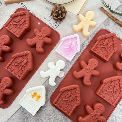 Christmas Silicone Molds For Baking Large Christmas Chocolate Mold 3D Shape Gingerbread Man Candy House Cake Molds for Soap Jello Chocolate Cake Madeleine Candle Resin Festival Home Decoration - color: brick red