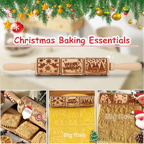 Christmas Embossed Rolling Pin for Baking Cookies Embossing Rolling Pins with Design Wooden Engraved Springerle Roller Pin Dough Patterned Clay Pottery Ceramic Bakers Women (Nativity Patterns) - color: Nativity