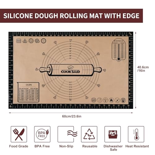 Cook's Aid Silicone Pastry Mat Extra Large with Measurements 26''x16'' for Reusable,Non-slip Silicone Baking Mat, Counter, Dough Rolling, Oven Liner,Fondant/Pie Crust,Dark Gray - color: Dark Gray