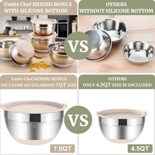 Umite Chef Mixing Bowls with Airtight Lids, 6 piece Stainless Steel Metal Nesting Storage Bowls, Non-Slip Bottoms Size 7, 3.5, 2.5, 2.0,1.5, 1QT, Great for Mixing & Serving (Khaki) - color: Khaki