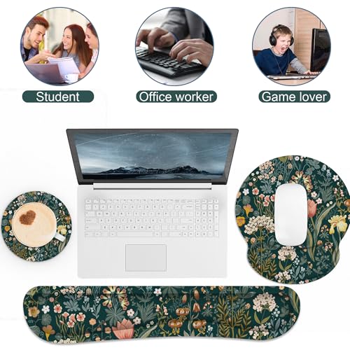 Ergonomic Mouse Pad with Wrist Rest and Keyboard Wrist Rest, Mousepad - color: Green Flowers