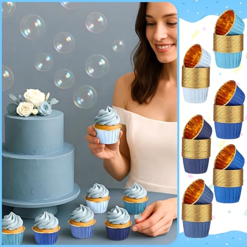 Geiserailie 100 Pcs Blue Jean Cupcake Liners Gold Foil Wrappers - color: Blue Jean, style: Classic