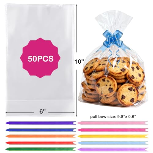 AGOBUHE Cellophane Treat Bags 6x10 Inch 50 Pack Clear Goodie Bags with Bottom Gusset & Pull Bows for Cookies Candy Party Favors - color: 6"x10" (50pcs)