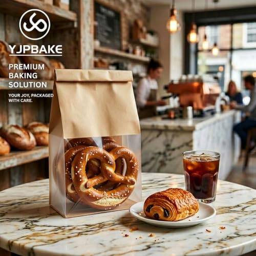 50 Pack Kraft Bakery Bags with Clear Window and Tin Tie - Greaseproof Cookie Bags and Treat Bags for Homemade Bread, Sourdough & Cookie Packaging