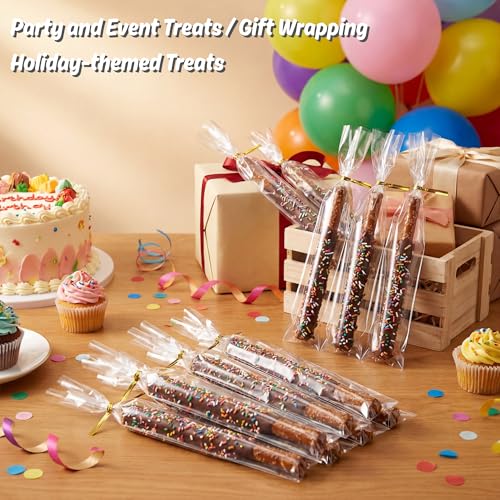 Wowfit 100 CT 2x10 Clear Cellophane Pretzel Rod Bags, 4" Gold Twist Ties - size: 2x10 Inch (Pack of 100)