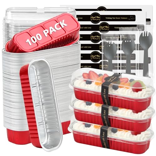 100 Pack Mini Loaf Pans with Lids and Spoons,6.8oz Red Small Foil Loaf Pans - color: Red