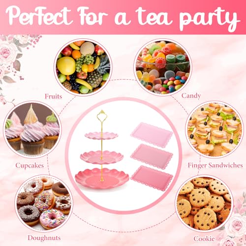 FoldTier 6 Pack Cupcake Stand Set 3 Pcs 3 Tier Gradient Dessert Table Display Stands Cookie Tray Rack 3 X14 in Rectangle Party Trays for Wedding Birthday Tea Party Baby Shower (Pink,Round) - color: Pink, style: Round