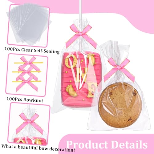 TEMLQPACK 100PCS 4x6 Inches Clear Self-Sealing Cellophane Rice Krispie Treat Bags with Pink Bow Accessories, Resealable for Cookie Candy Jewelry Crafts Small Product Packaging - color: pink-4x6Inch-100pcs