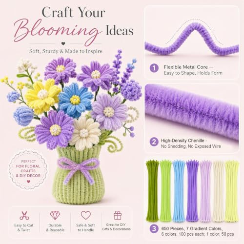 976Pcs Pastel Pipe Cleaners Flower Kit,7 Colors Chenille Stems - color: Spring colour