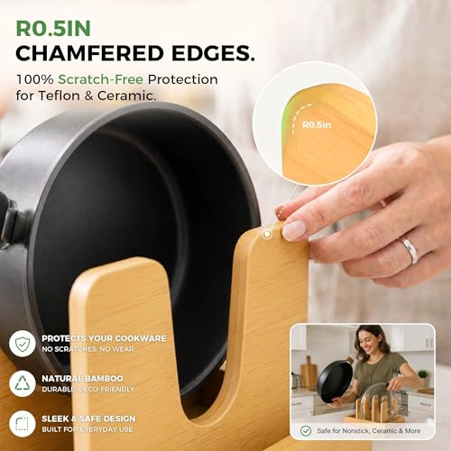 Premium Bamboo Pot Lid and Pan Organizer Rack for Kitchen Cabinets & Drawers – Adjustable Expandable Cookware Divider for Heavy Cast Iron, Baking Sheets & Plates – Scratch-Free Moisture-Resistant Wood