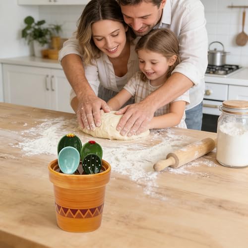 5 Pcs Ceramic Cactus Measuring Spoons with Storage Pot Cute Baking Tool Set