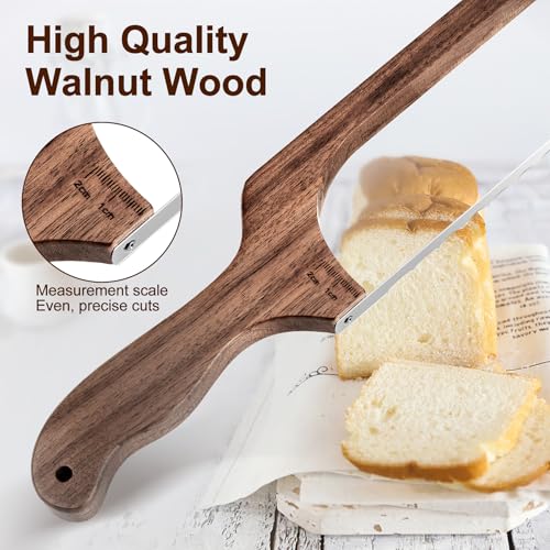 Bread Knife for Homemade Bread, Sourdough Bread Slicer & Bread Cutter with Measuring Scale, 15.7" Serrated Blade for Even Slices, Walnut Bow Knife with Cover & Scoring Tool, Gift for Bakers