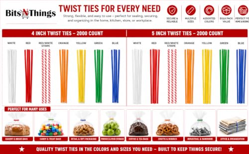 4 Inch Yellow Twist Ties - 2000 Count | Paper Coated Wire Bag Ties | Bread Bags, Bakery, Candy, Coffee & Food Packaging | Dispenser Box | Bits N Things - color: Yellow, size: 4 Inch - 2000 Count