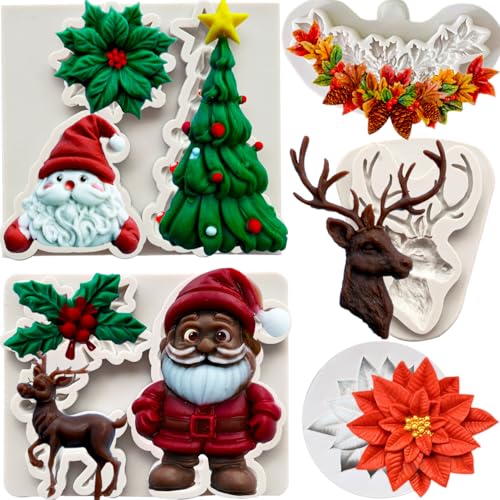 5 Pcs Christmas Silicone Molds, Christmas Tree Holly Leaf Santa Claus Reindeer Fondant Cake Decorating Baking Molds For Xmas Party Holiday Chocolate Candy Cookie Molds Sugarcraft Cupcake Topper