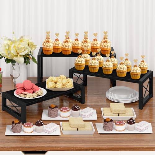 ELITEROO Black 3-Tier Wooden Cupcake and Dessert Display Stand, Multi-Tier Riser for Cupcakes, Food, Perfume, Makeup, Dolls, Collectibles, and Market Vendor Retail Shelf Organizer - color: 3 Tier, Black