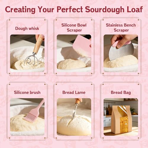 Beginner Sourdough Starter Kit with Proofing Baskets & Jar, Baking Supplies - color: Pink