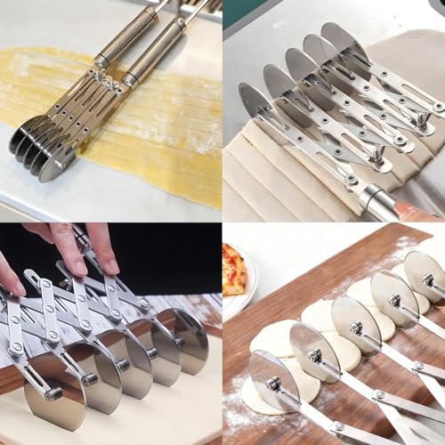 Wheel Adjustable Pasta Cutter with Handle - Stainless Steel Multi-Tool for Baking Pastry, Pizza, Noodles & Pie Crust (7 Roller) - color: 7 Roller