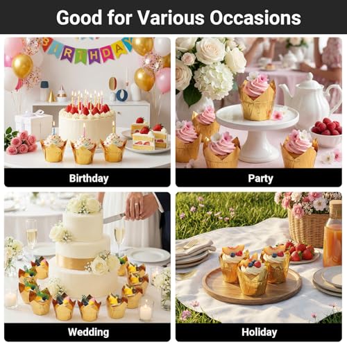 EUSOAR Disposable Baking Cups, 3.5 Ounce 100pcs Gold Tulip Aluminum Foil Cups, Aluminum Cupcake Pan Ramekin Tins - color: Gold, size: 3.5oz, 100pcs