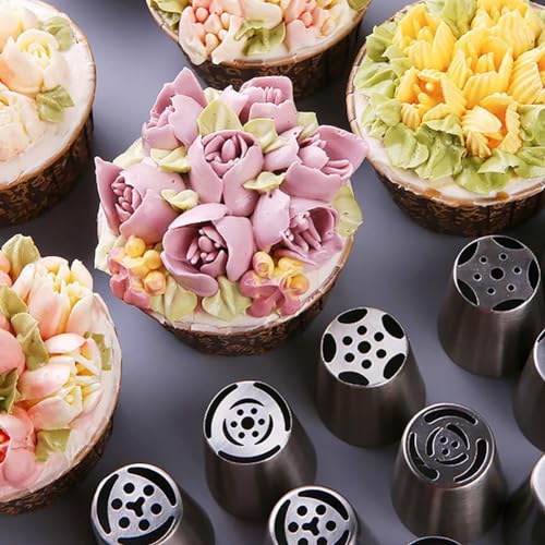 7 Pcs Stainless Steel Russian Piping Tips Set Flower Cake Piping Tips Cake Frosting Nozzles Cake Icing Decorating Tips Baking Nozzles