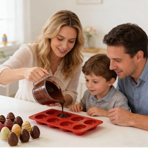 1 Pack Silicone Egg Molds 8 Cavity Easter Silicone Candy Mold 3D Egg-Shaped Silicone Baking Mold for Chocolate, Jello, Mini Cakes, DIY Desserts, Candy, Ice, Pudding, Baking (1, Brick Red) - color: Brick Red