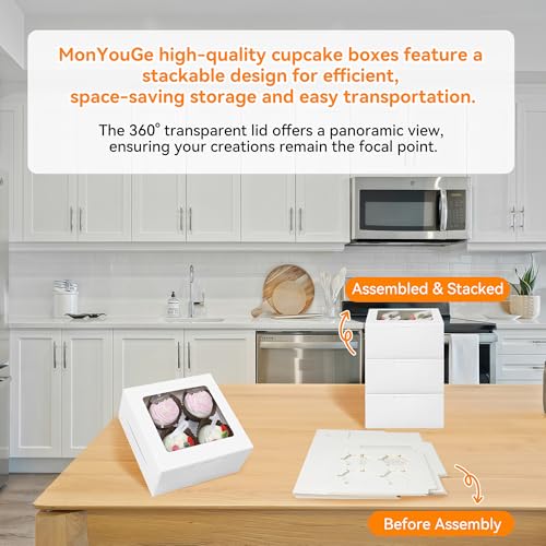 50-Set Cupcake Boxes Bulk with Clear Display Window Hold 4 Standard Cupcakes, Disposable Food Grade White Cupcake Carrier Cupcake Container, Perfect for Cupcakes Muffins Cookies Pastries
