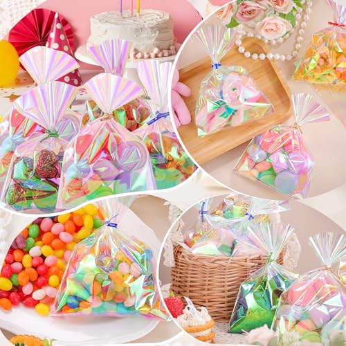 woric 150PCS Iridescent Cellophane Treat Bags with Ties 5x7 Inch
