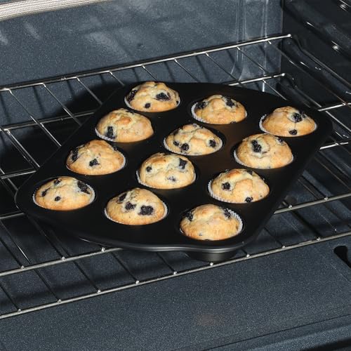 Oster Teston 12-Cup Muffin Pan, Nonstick Carbon Steel Cupcake Baking Tray, Matte Black, PFAS-Free, Easy Release, Oven-Safe Bakeware - color: Matte Black, size: 12-Cup Muffin Pan