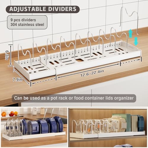 Magheo Expandable Food Storage Container Lid Organizers, 22" Pots and Pans Organizer Under Cabinet with 9 Adjustable Dividers Pot and Pan Lid Holders Rack Inside Cabinet(White,1 Pack) - color: White, size: (1 Pack)22.4"D x 7.9"W x 6.3"H