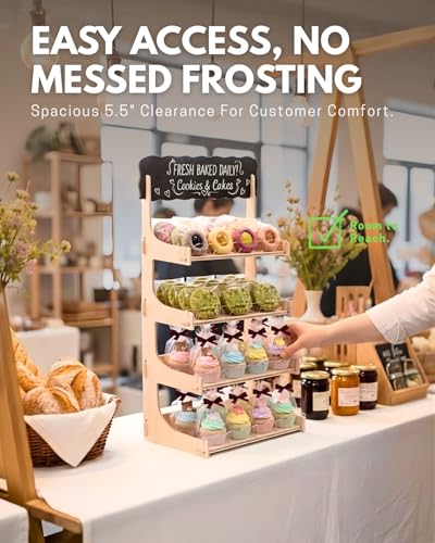 HOTCAN Cookie Display Stand for Bakers & Vendors with Acrylic Front | Wooden Dessert Stand with Chalkboard Sign for Market Booths, Craft Fairs & Events | 4 Tiered Cookie Display for Cupcakes, Muffins & Pastries (Natural) - color: Natural, size: 4 Tier