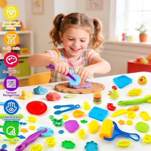 Dough Play Tools for Kids,84pcs Basic Dough Play Toys Includes Cutters,Roller,Rolling Pins,Safety Scissors,Plastic Knife,Fruit Vegetable Molds,Kitchen Tools - style: 84pcs