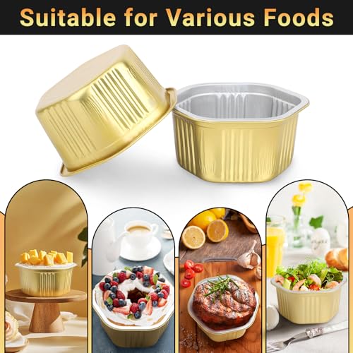 Beasea Disposable Baking Cups with Lids, 50 Pack 20oz 598ml Aluminum Foil Ramekins Pans Hexagon Individual Cupcake Desserts Containers Creme Brulee Pudding Souffle Oven Tins for Party - Gold - color: Gold, size: 20oz