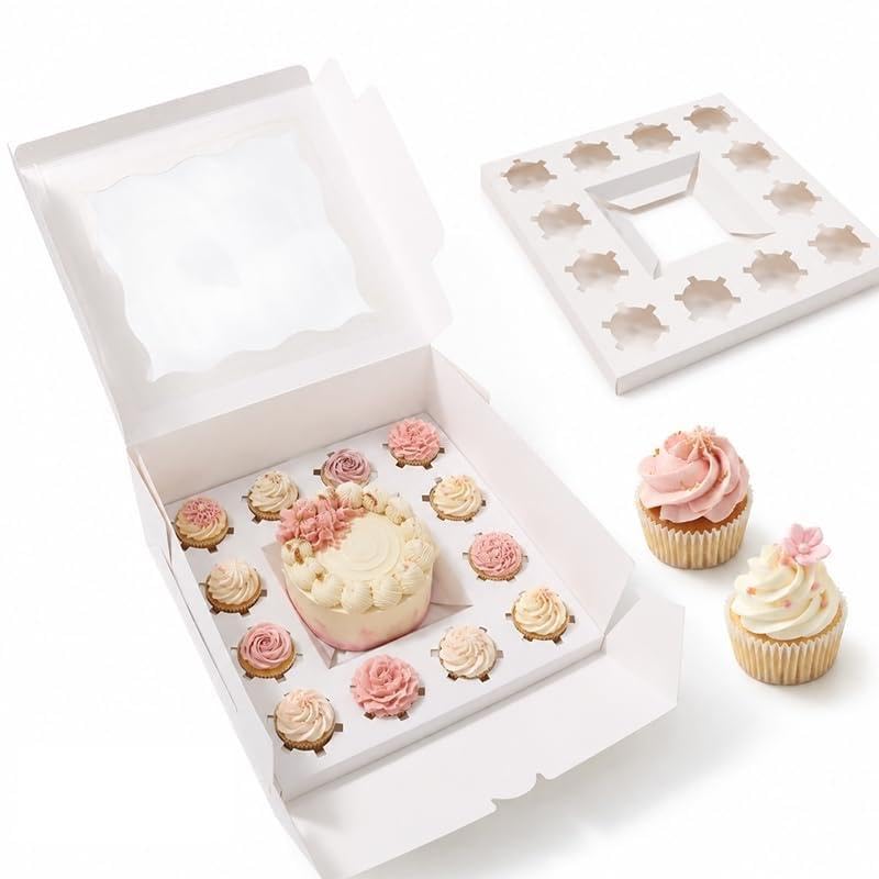 Bento Cupcake Boxes 5pcs,1 +12 Cupcakes,Scalloped Clear Window cake Boxes - size: 1+12/5pcs