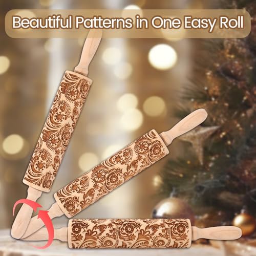 Christmas Embossed Rolling Pin for Baking Cookies Embossing Rolling Pins with Design Wooden Engraved Springerle Roller Pin Dough Snowflake Paisley Patterned Clay Pottery Ceramic Bakers (Floral Frost) - color: Floral Frost