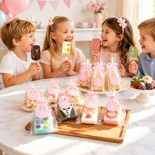 100 Sets Clear Rice Krispie Treat Bags with Pink Bow Ties, Thank You Stickers and Sticks, 4x6in Rice Crispy Treat Bags Flat Cellophane Bags for Individually Wrapped Rice Crispy Cake Pops Cookie Candy Chocolate