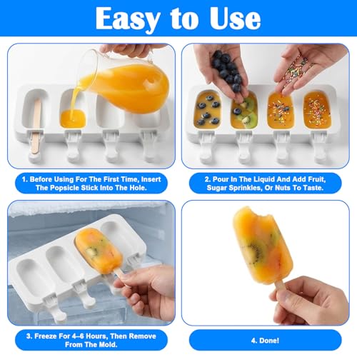 6 Set Cake Pop Mold Kit,4 Cavity White Cakesicle Molds Silicone,Oval Ice Cream Mold Cake Pop Maker Supplies Accessories with 300 Pieces Wooden Sticks for DIY Ice Cream Cakes