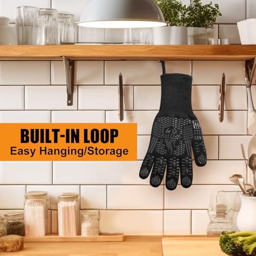 BBQ Gloves, 1472°F Heat Resistant with Silicone Grip Oven Mitts - color: Black, size: Long (Glove L 13.78" × Palm W 6.33")