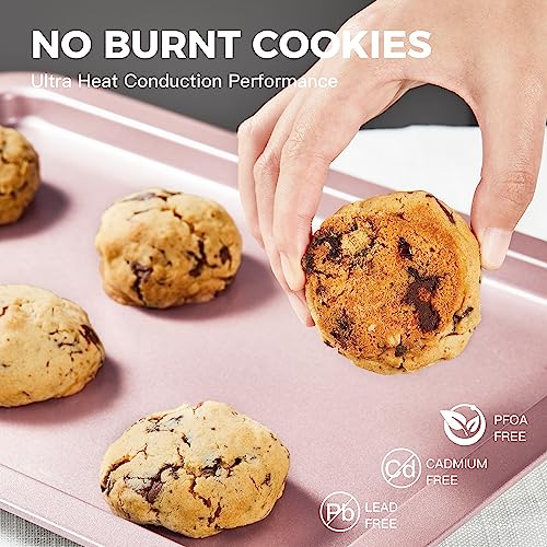 HONGBAKE Baking Sheet Pan Set, Cookie Sheet for Oven, Nonstick Bakeware Sets with Wider Grips, 3 Pack Half/Jelly Roll/Quarter Baking Tray, Premium, Dishwasher Safe-Pink - color: Pink
