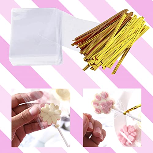 Lollipop Cake Pop Treat Bag Kit, Including 100Pcs Cake Pop Sticks, 100Pcs Parcel Bags, 100Pcs Twist Ties and 1 Cake Pop Mold, Cake Pop Maker Tools for Lollipops, Candies, Chocolates, Cookies - color: White