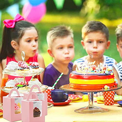 Cupcake Boxes, 30 Pcs Single Cupcake Boxes Individual Cupcake Containers Muffins Cupcake Carriers Holder Kraft Pastry Containers with Insert Window & Handle for Wedding Birthday Parties (Pink) - color: Pink