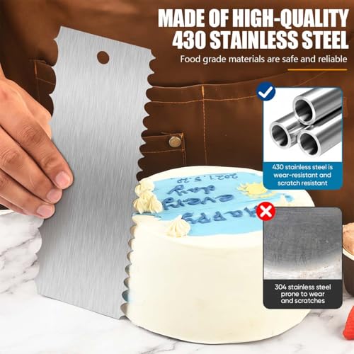SenseYo 3 Pcs 9 Inch Stainless Steel Cream Cake Scraper Smoother Comb with Double Sides for Decorating Icing Mousse Butter - size: 3