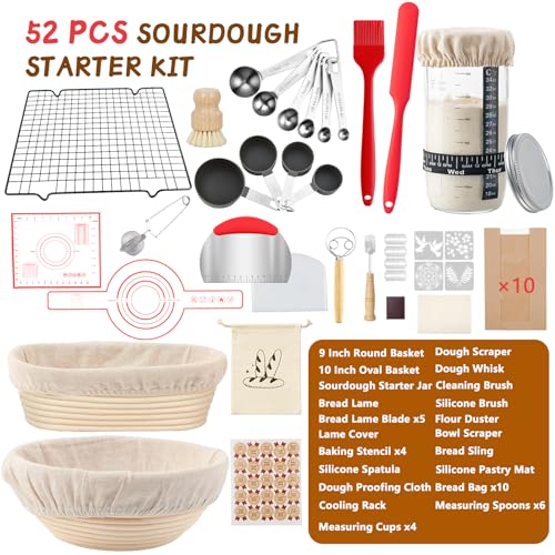 52 Pcs Sourdough Starter Kit, Sourdough Bread Baking Supplies with 9" Round & 10" Oval Banneton Bread Proofing Basket, Cooling Rack, Sour Dough Starter Jar, Bread Making Kit Gifts for Women Wife Mom