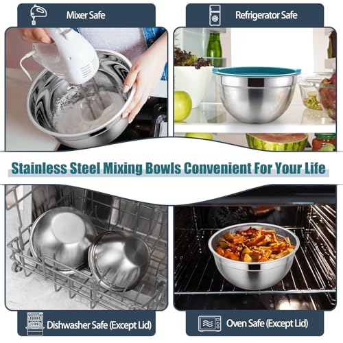 P&P CHEF Stainless Steel Mixing Bowls with Airtight Lids, Blue - color: Blue, style: Airtight Lids