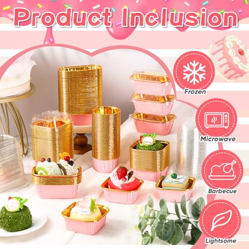 Baderke 150 Pcs Pink Mini Cake Pans with Lids Spoons, Disposable Ramekins