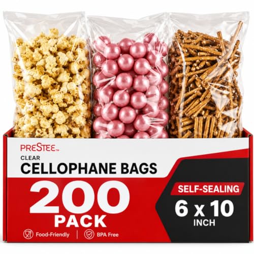 Prestee 200 Pack Self-Sealing Cellophane Bags 6x10 - Clear Bags for Small Gifts, Cookies, Candy, and Bakery - Airtight Goodie Bag for Gift Giving and Packaging - Food-Safe Plastic Treat Bag - style: Self-Sealing