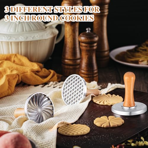 Wenqik 3 Pcs Cute Round Metal Cookie Stamp Press with Wooden Handle - style: Cute